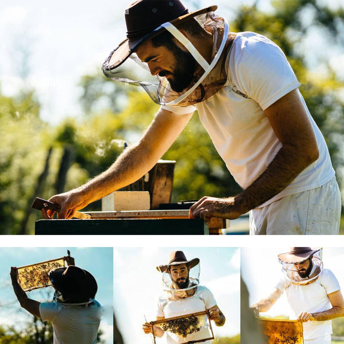 AukBeeFun beekeeping use hat shown for field work and outdoor activities.