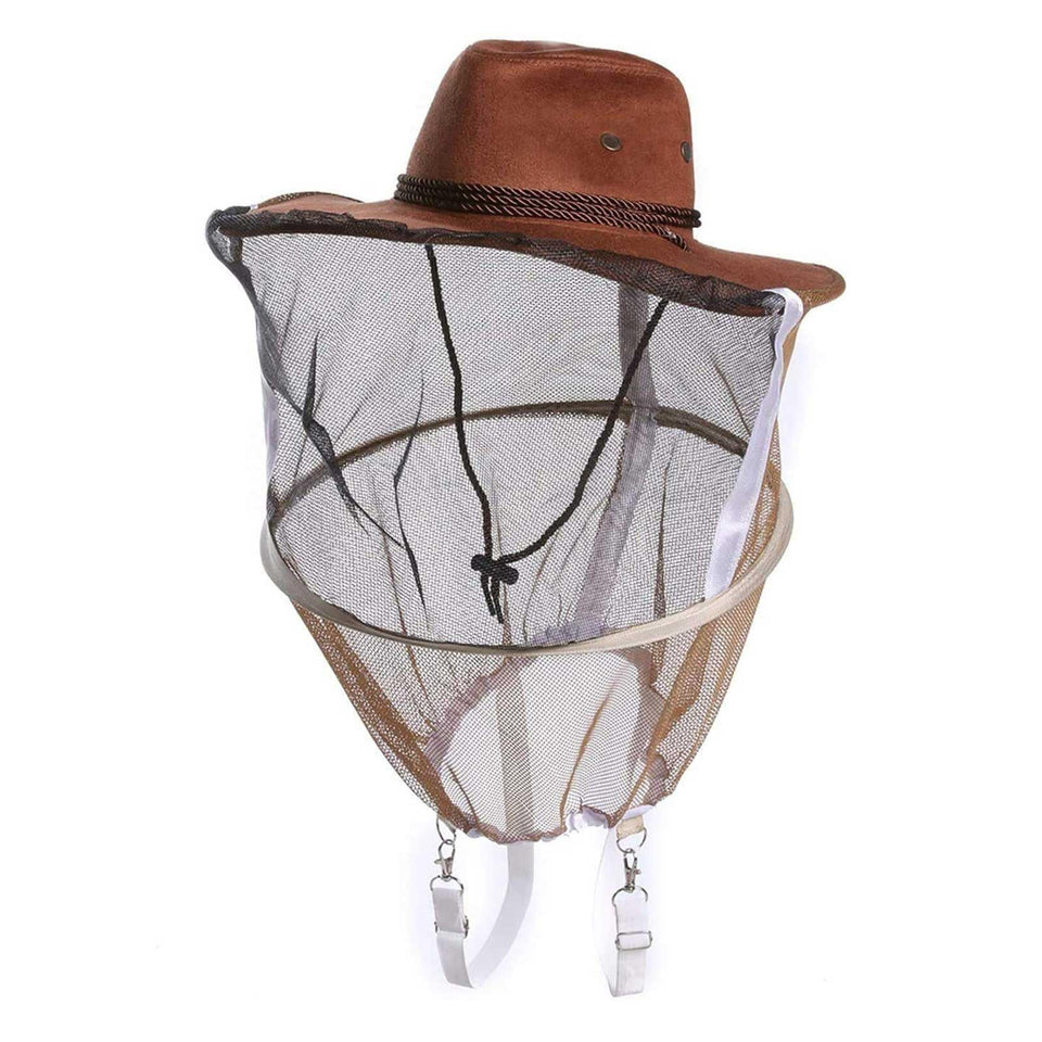 AukBeeFun cowboy hat with veil front view offers clear visibility and insect protection.