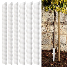 Aukney 6-pack spiral tree trunk protectors in white guarding saplings from deer and rodents.