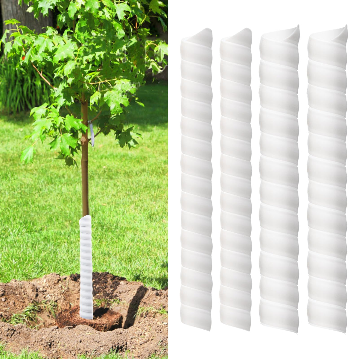 Aukney spiral trunk protector in white guarding saplings from wildlife