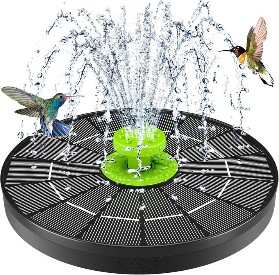 Aukuel 4.0W solar pump front view powering a bright bird bath