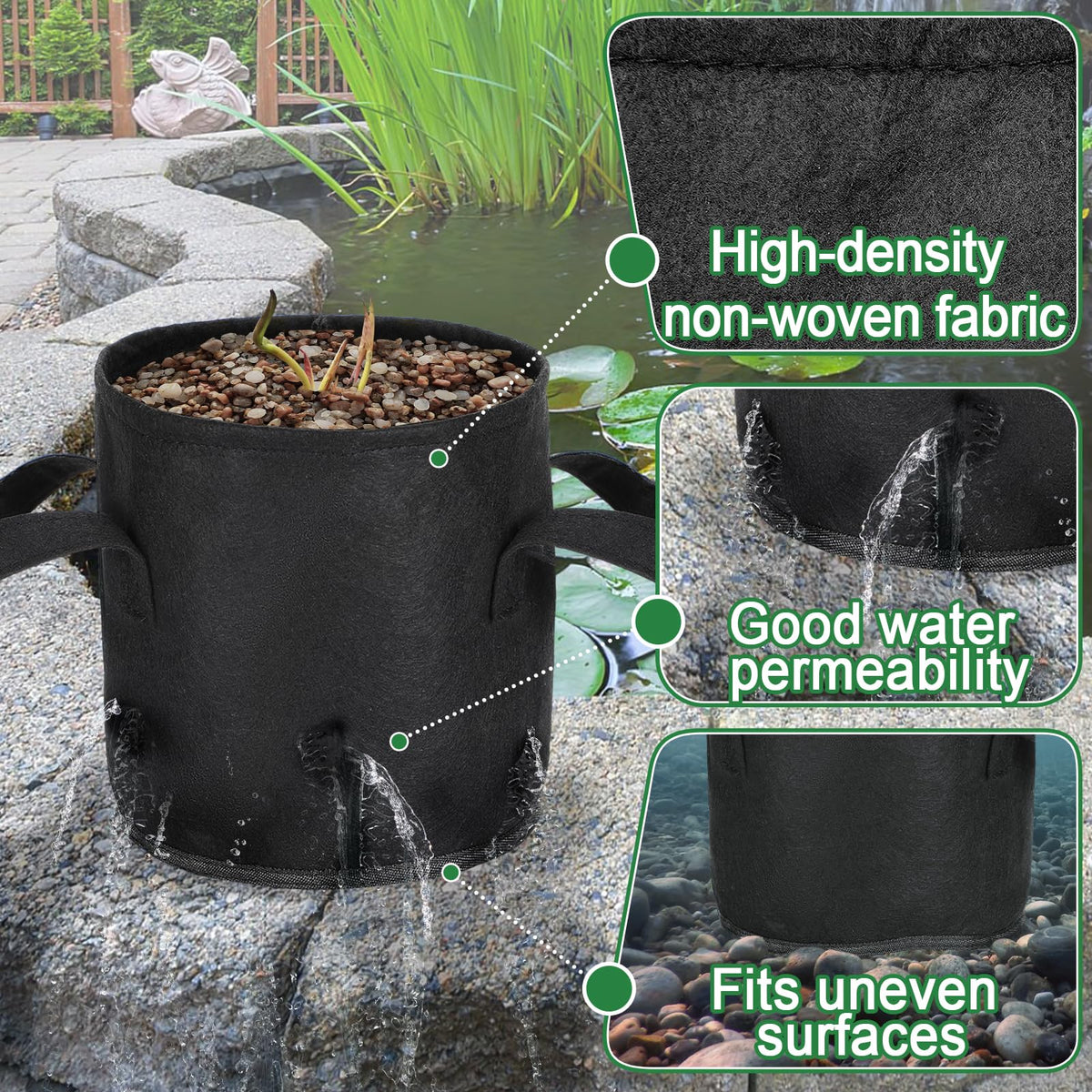 Aulock black fabric aquatic planter blends with the water for a natural look.