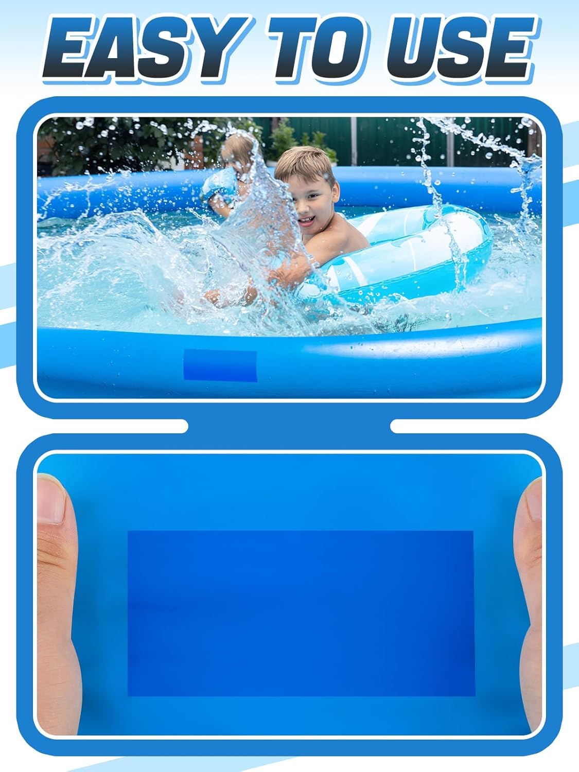 Aulock clear blue patch blending with pool liner for discreet repair.