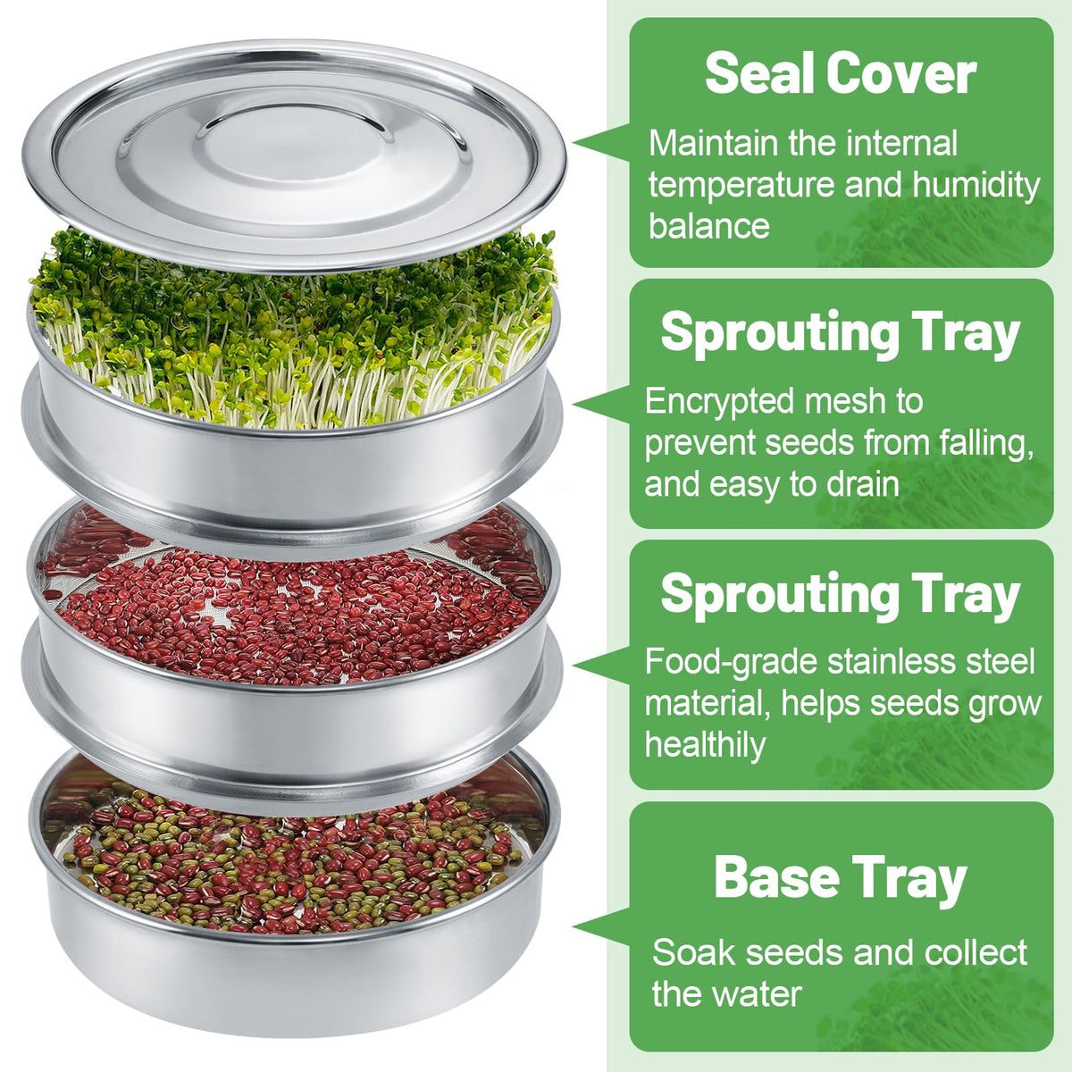 Aulock stainless steel lid shown with seed sprouting kit