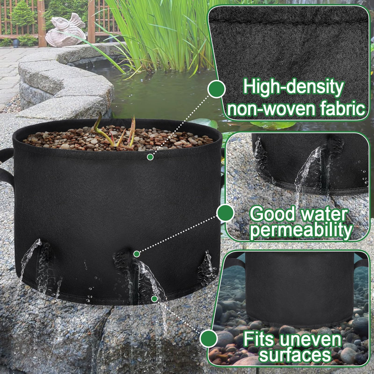 Aulock porous nonwoven bag promotes drainage while keeping soil in place.