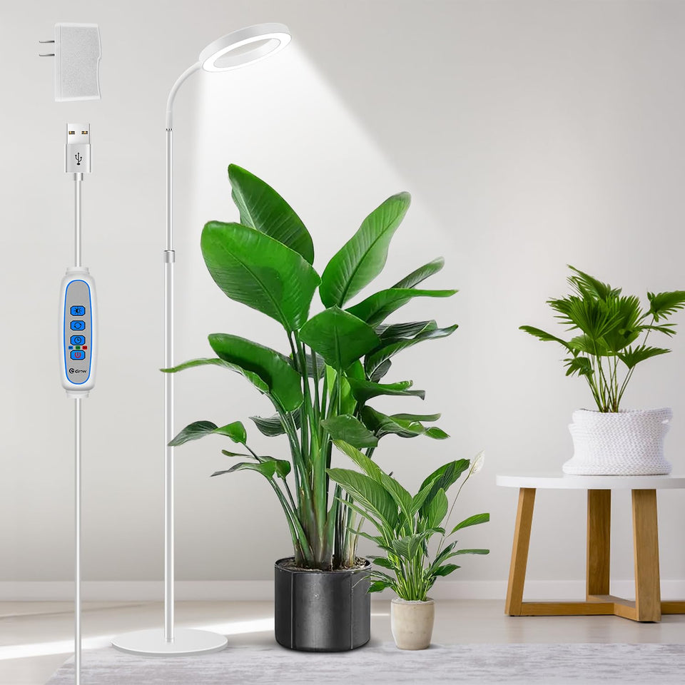 Aumtrly floor grow light with extended stand helps tall indoor plants reach full height.