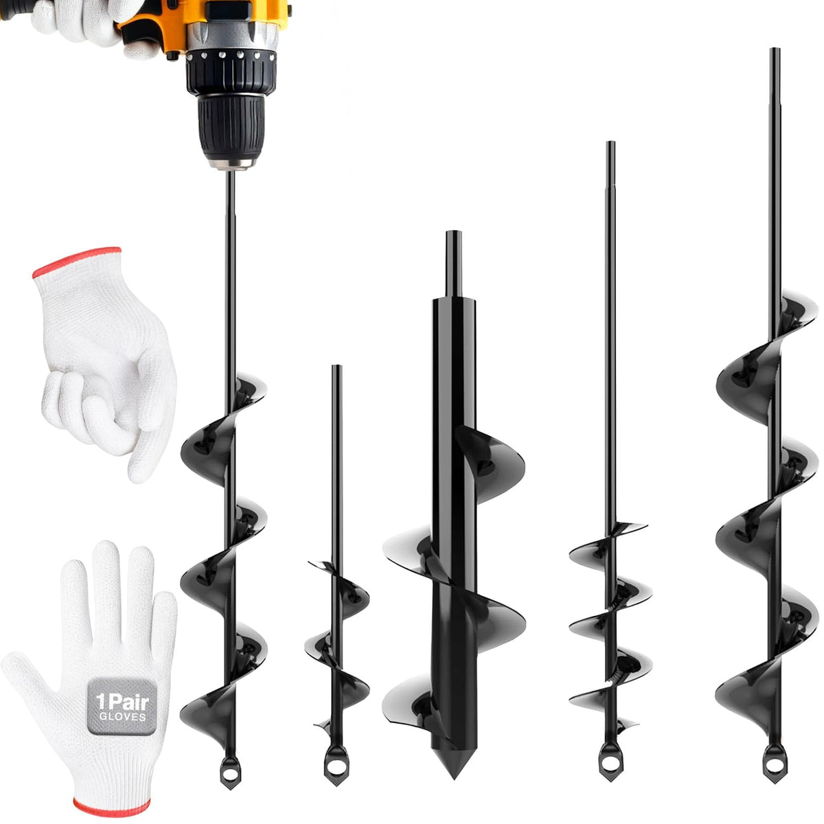 Auntr 4pk Auger Drill Bit Set with Gloves for cleaner, quicker planting.