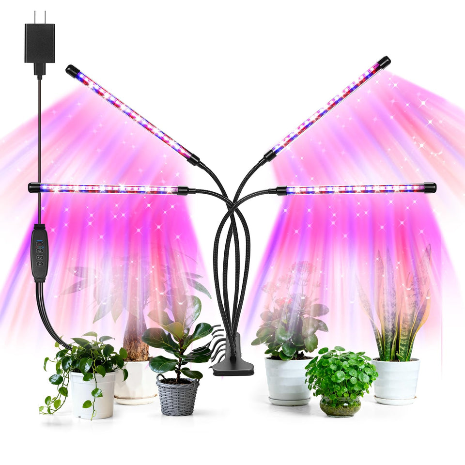 AURAZIGLI four-head LED grow light providing targeted indoor plant illumination for growth.