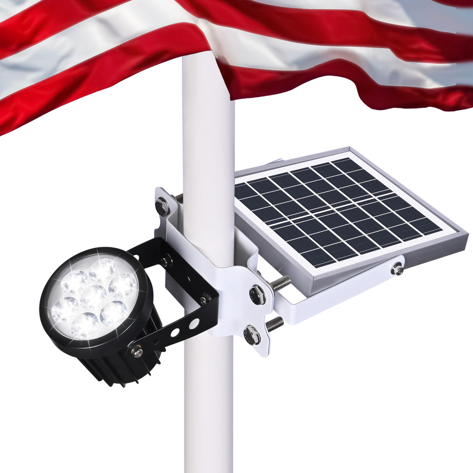 Aurolit Auro 7 flagpole light with seven LEDs enhancing nighttime visibility.