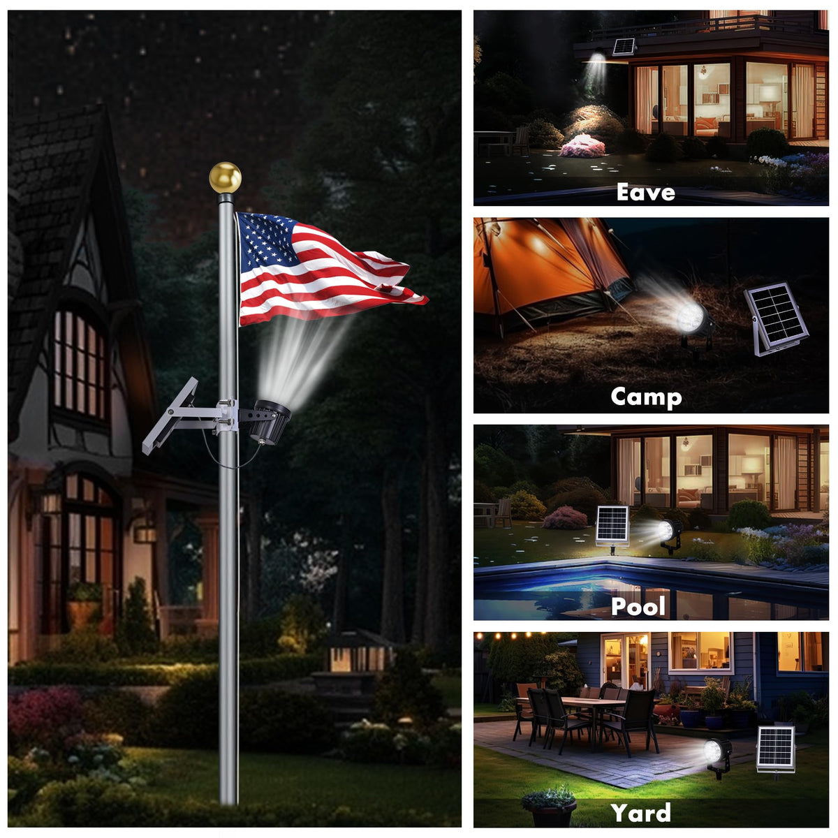 Aurolit Auro 7 in use with landscape and flagpole lighting in cool white.