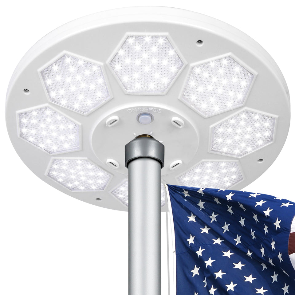 Aurolit flagpole light front view, 160 LEDs delivering a vibrant aurora-like glow for yards.