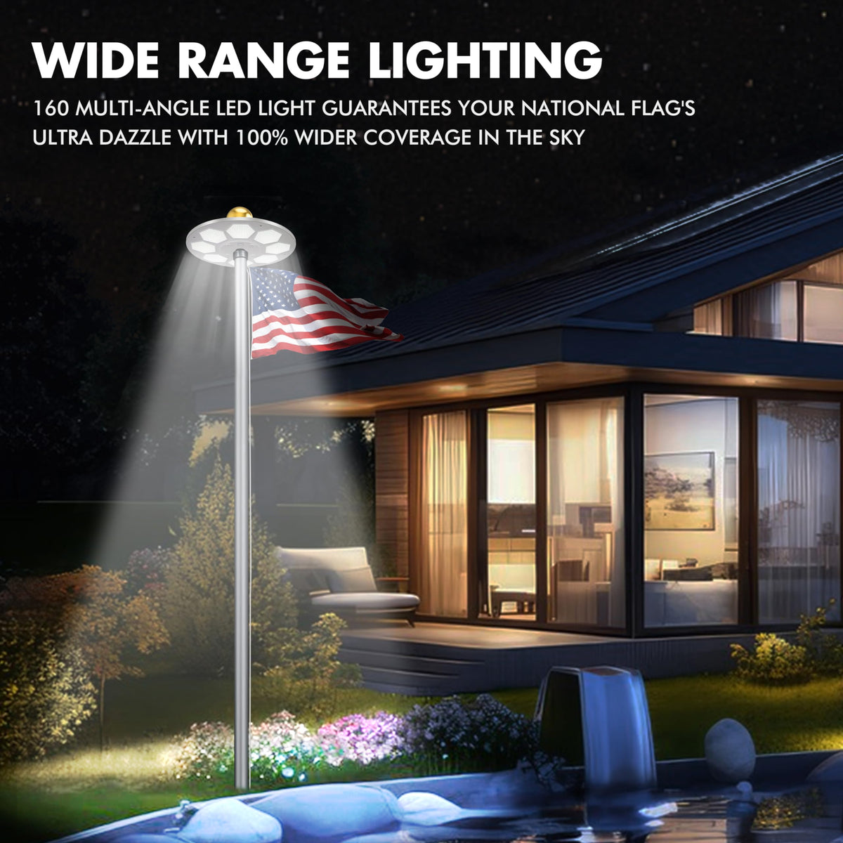 Aurolit flagpole light top-angle view, highlights top lighting for tall poles.