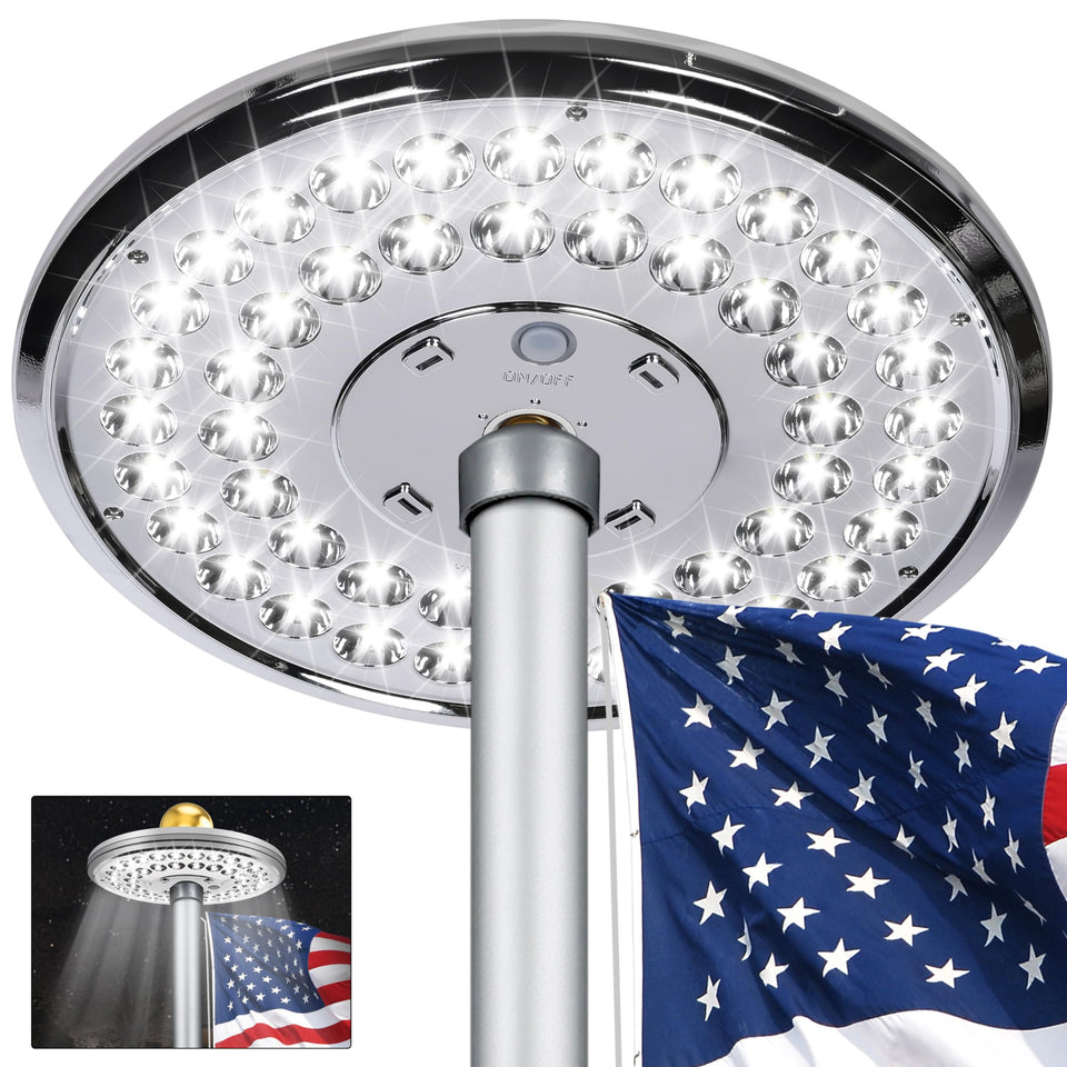 Aurolit flagpole light topper with aurora glow for backyard flag displays.