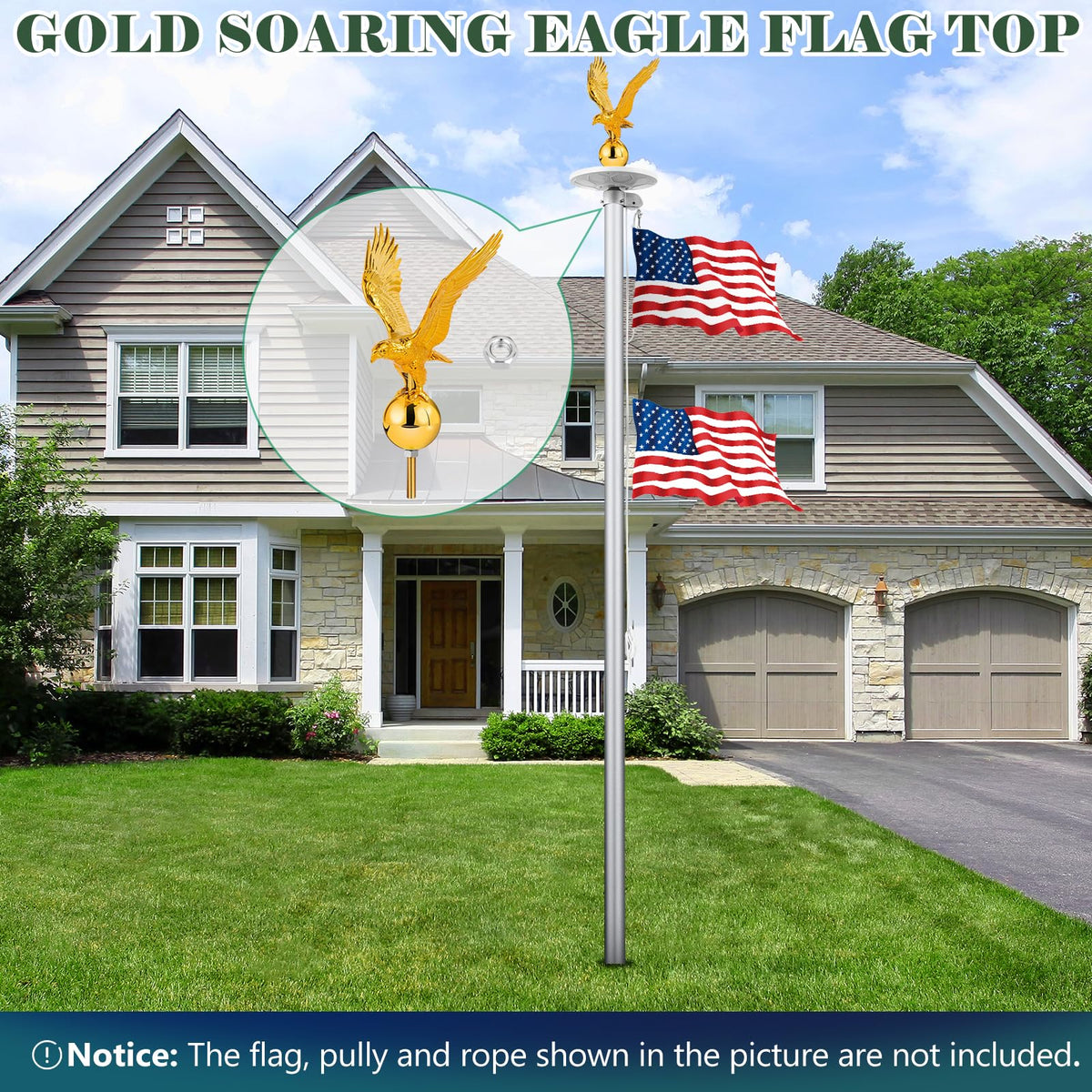 Aurolit sunlit eagle finial enhances curb appeal on a flagpole
