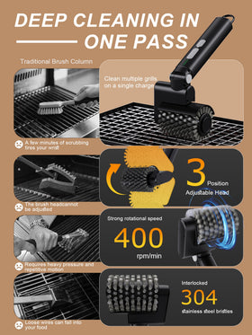 Aurviv grill brush rotating head tackles burnt-on grease quickly.