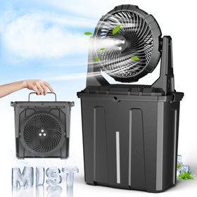 Ausic 9L bucket misting fan outdoors showing mist and airflow for patio cooling.