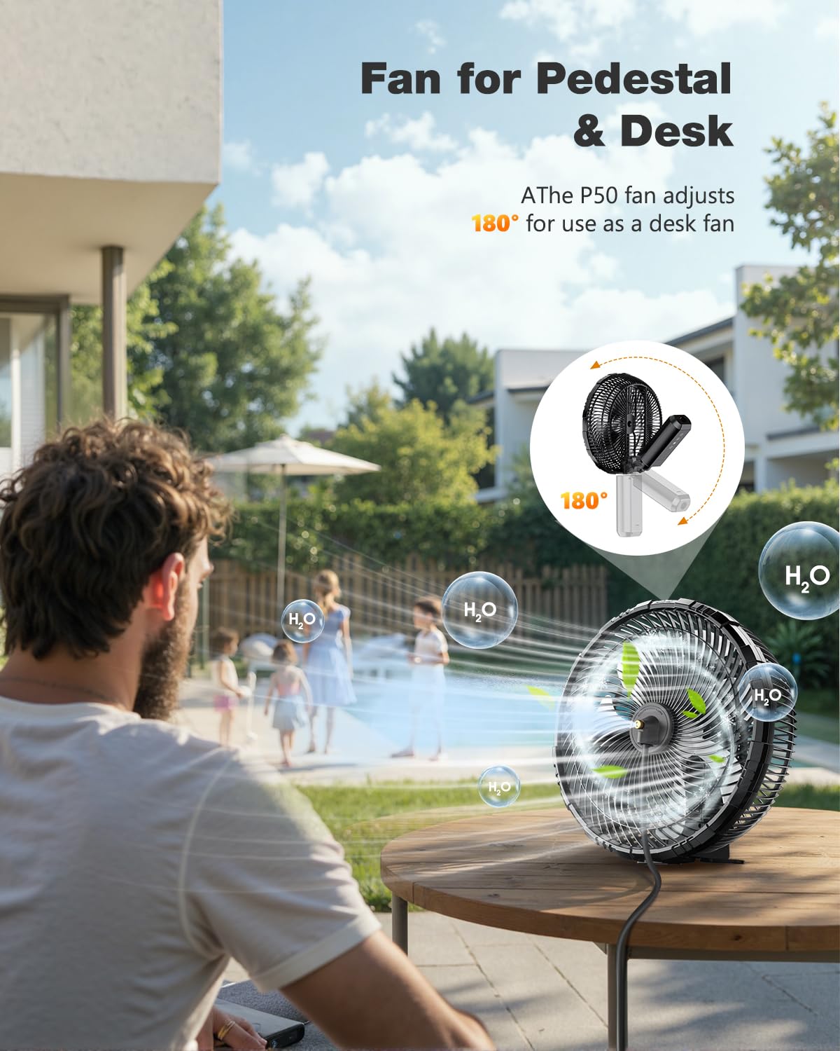 Ausic fan with garden hose attachment for continuous mist without refills