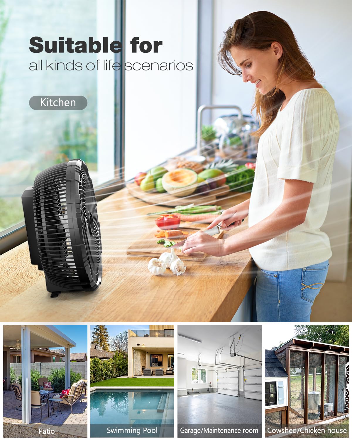 Ausic height-adjustable misting fan directs airflow to chairs and tables