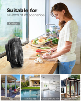 Ausic height-adjustable misting fan directs airflow to chairs and tables