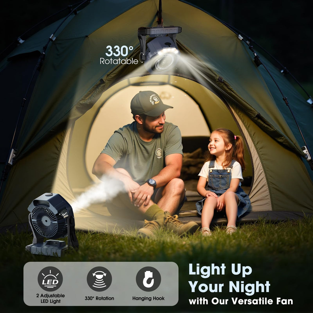 Ausic misting fan offers 330° rotation to direct airflow precisely.