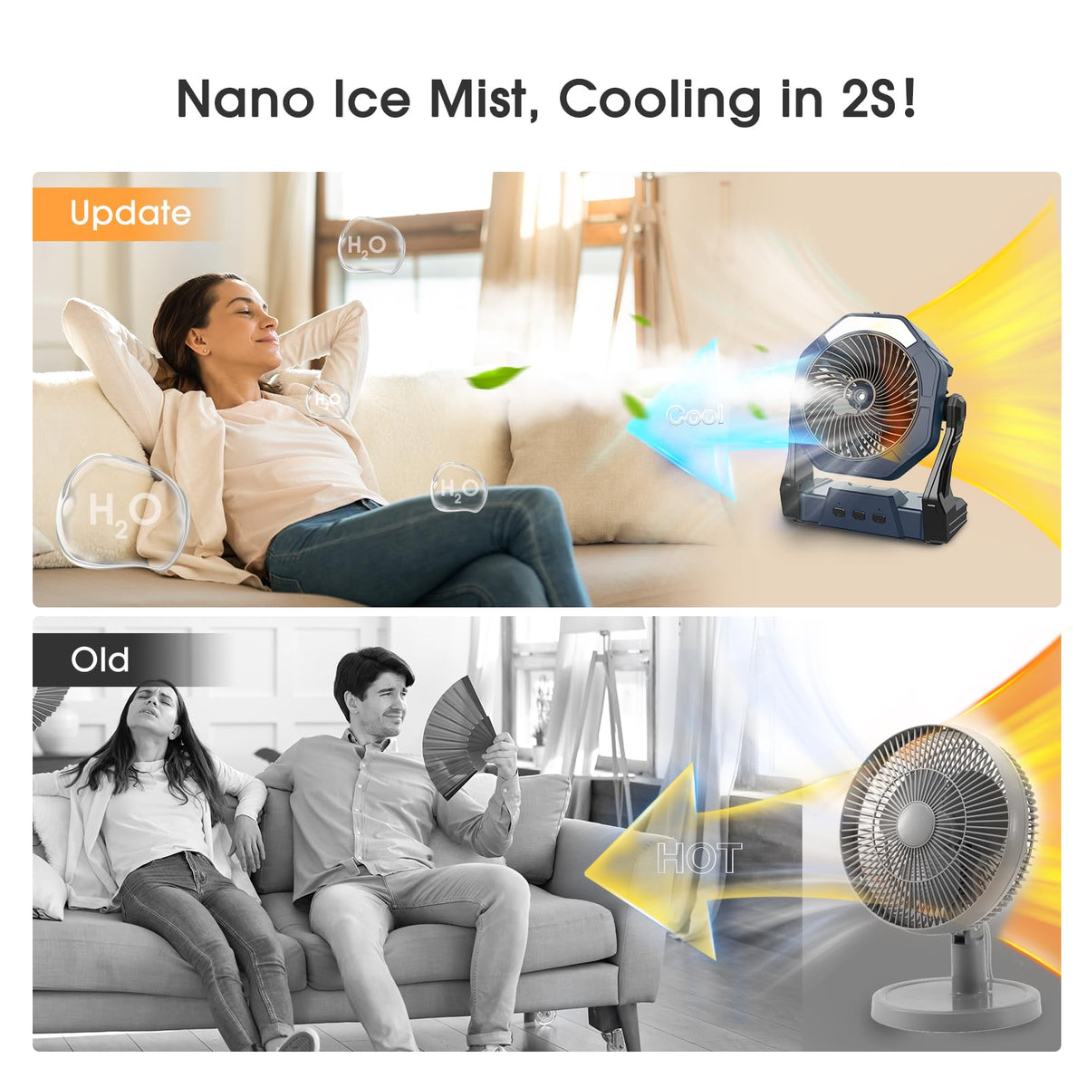 Ausic misting fan with LED light brightens nighttime camping and outdoor tasks.