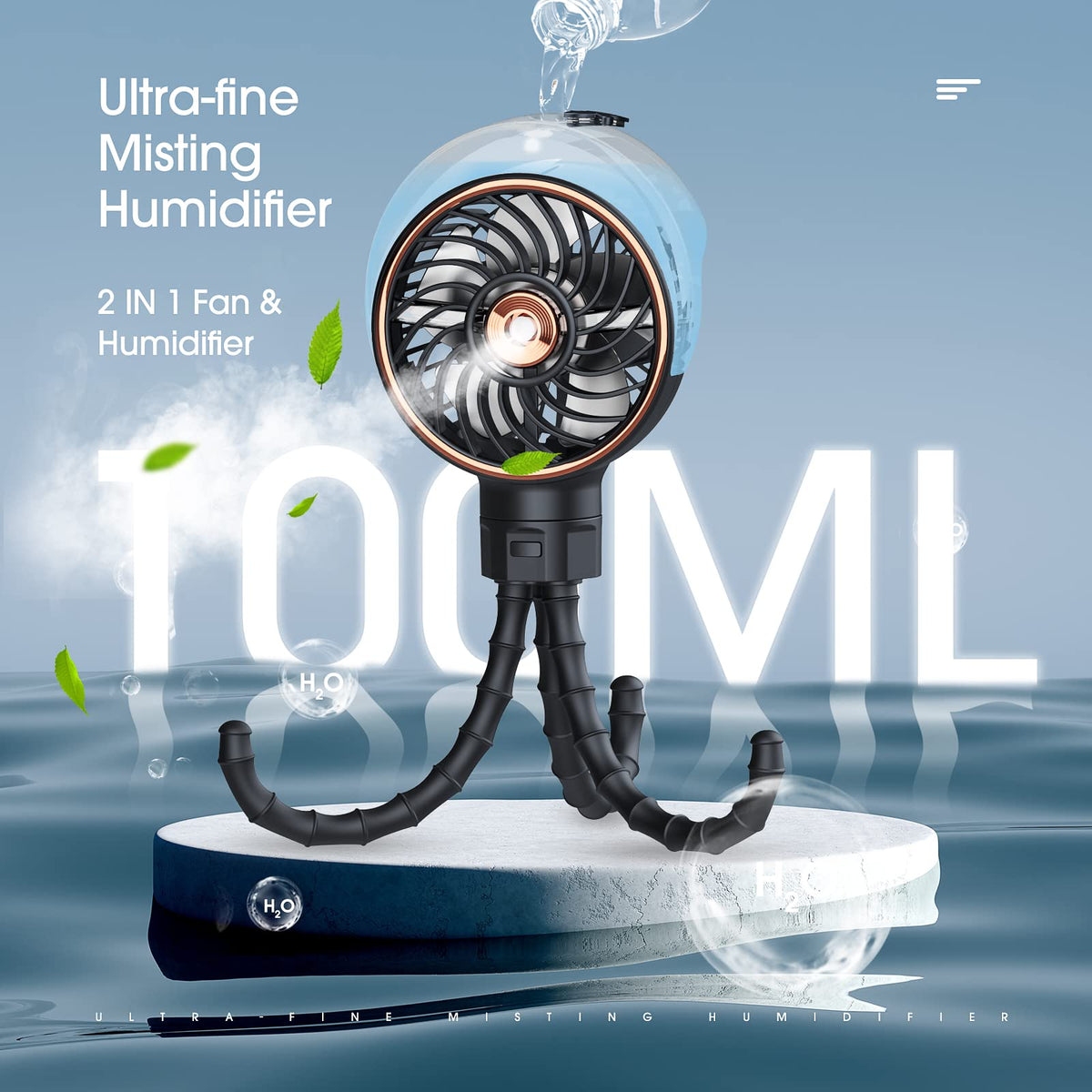 Ausic portable fan with detachable tripod for charging and refilling.