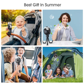 Versatile Ausic misting fan used on stroller, desk, treadmill, and more.