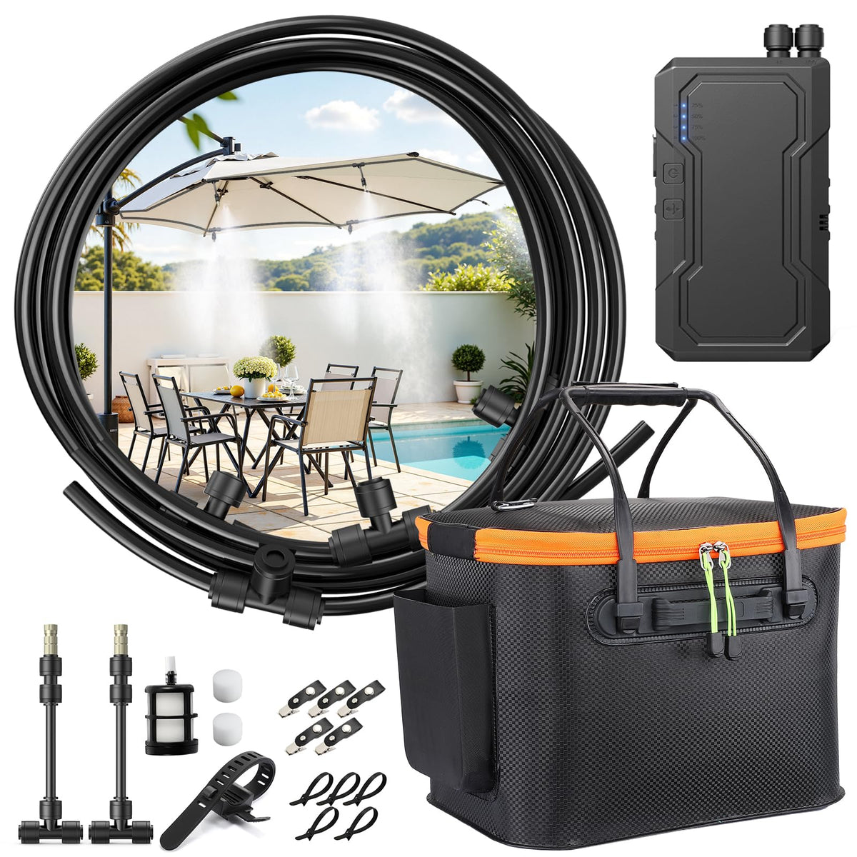 Ausic misting system bucket setup for portable outdoor cooling.