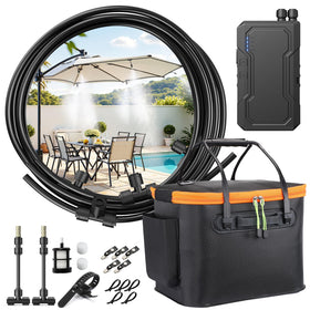 Ausic misting system bucket setup for portable outdoor cooling.