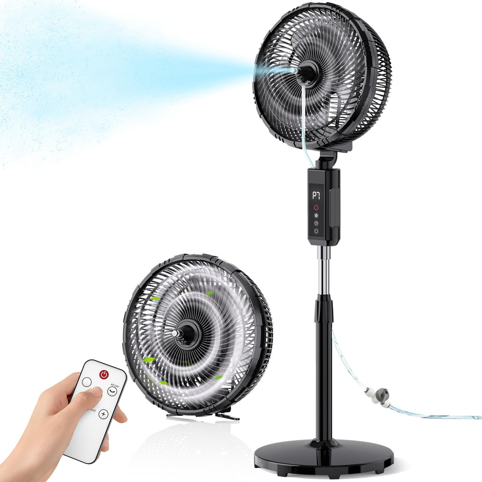 Ausic outdoor misting fan on patio delivering cooling mist for sunny gatherings