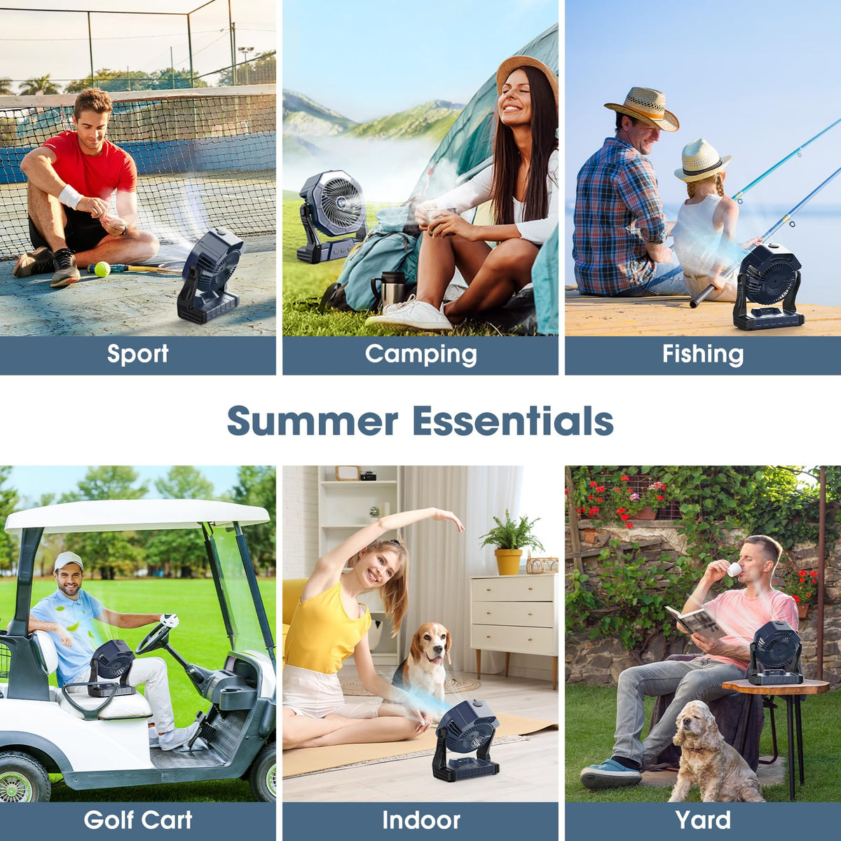 Ausic portable fan with foldable hook for tents, cars, or walls.
