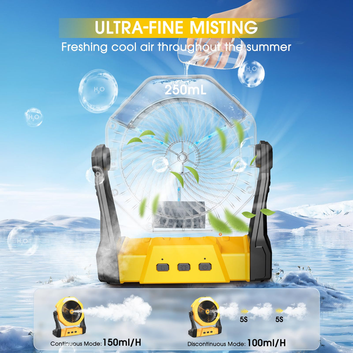 Ausic misting fan on desk setup showing compact cooling in a home office.