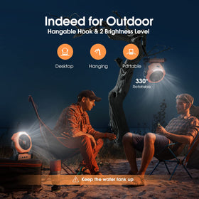 Ausic fan hanging securely on a tree branch for versatile outdoor setup.