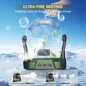 Ausic misting fan LED-lantern provides ambient light for evenings outdoors and camping.