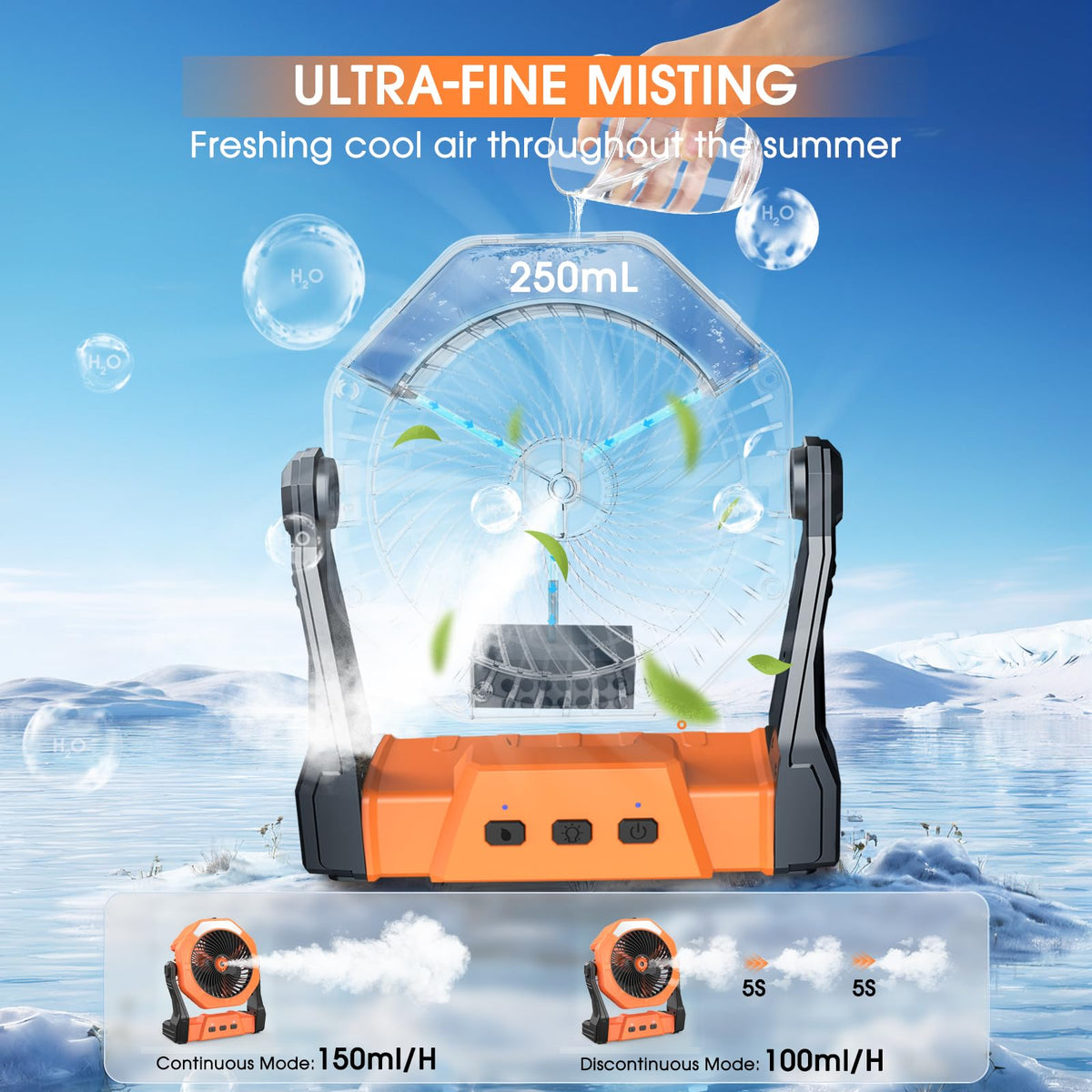 Ausic misting fan shows 250ml water tank for extended use.