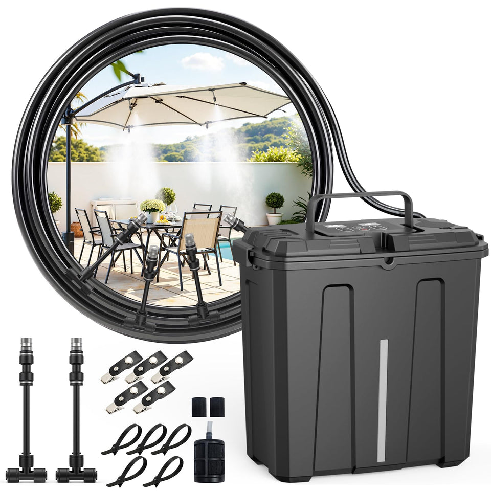 Ausic portable misting system with 9L bucket for patio cooling and on-the-go use.