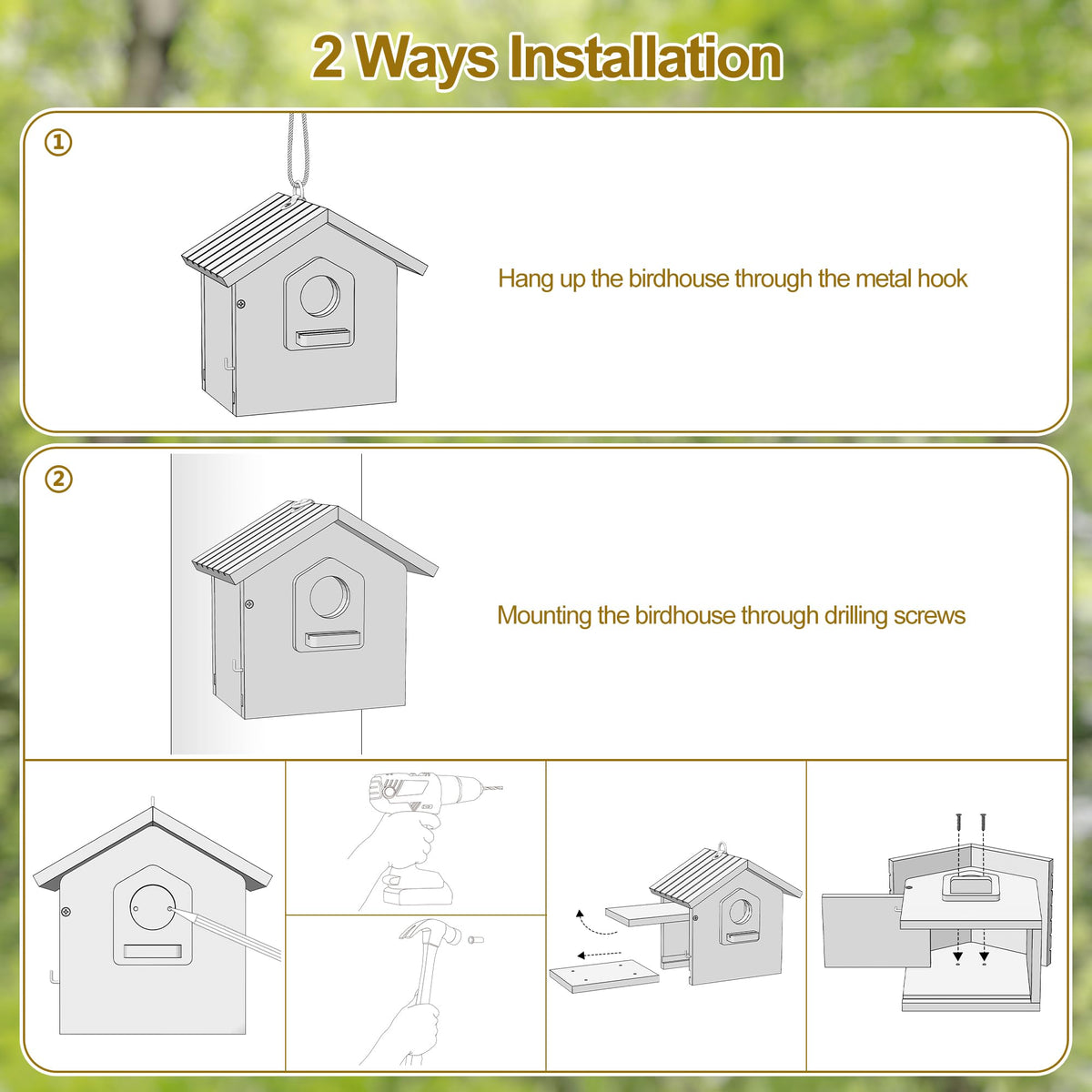 Auslar Bird House blue-roof design adds garden charm.