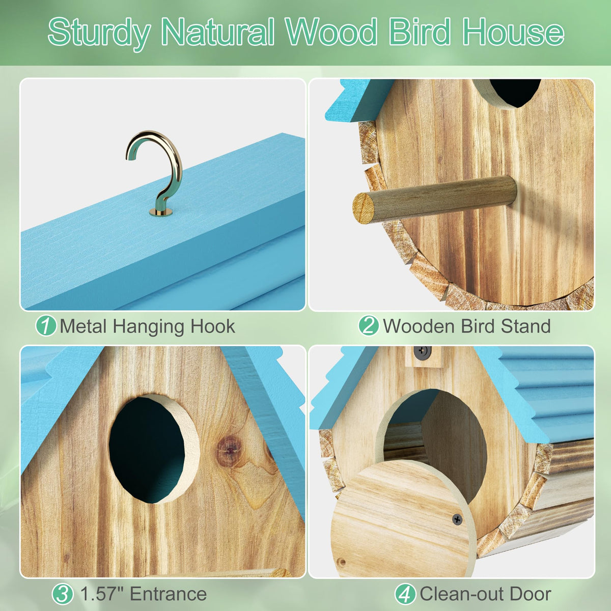 Auslar Bird House cedar wood resists sun, rain, and snow for lasting outdoor use.