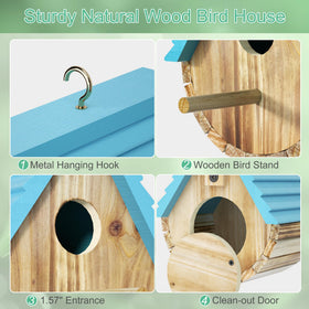 Auslar Bird House cedar wood resists sun, rain, and snow for lasting outdoor use.