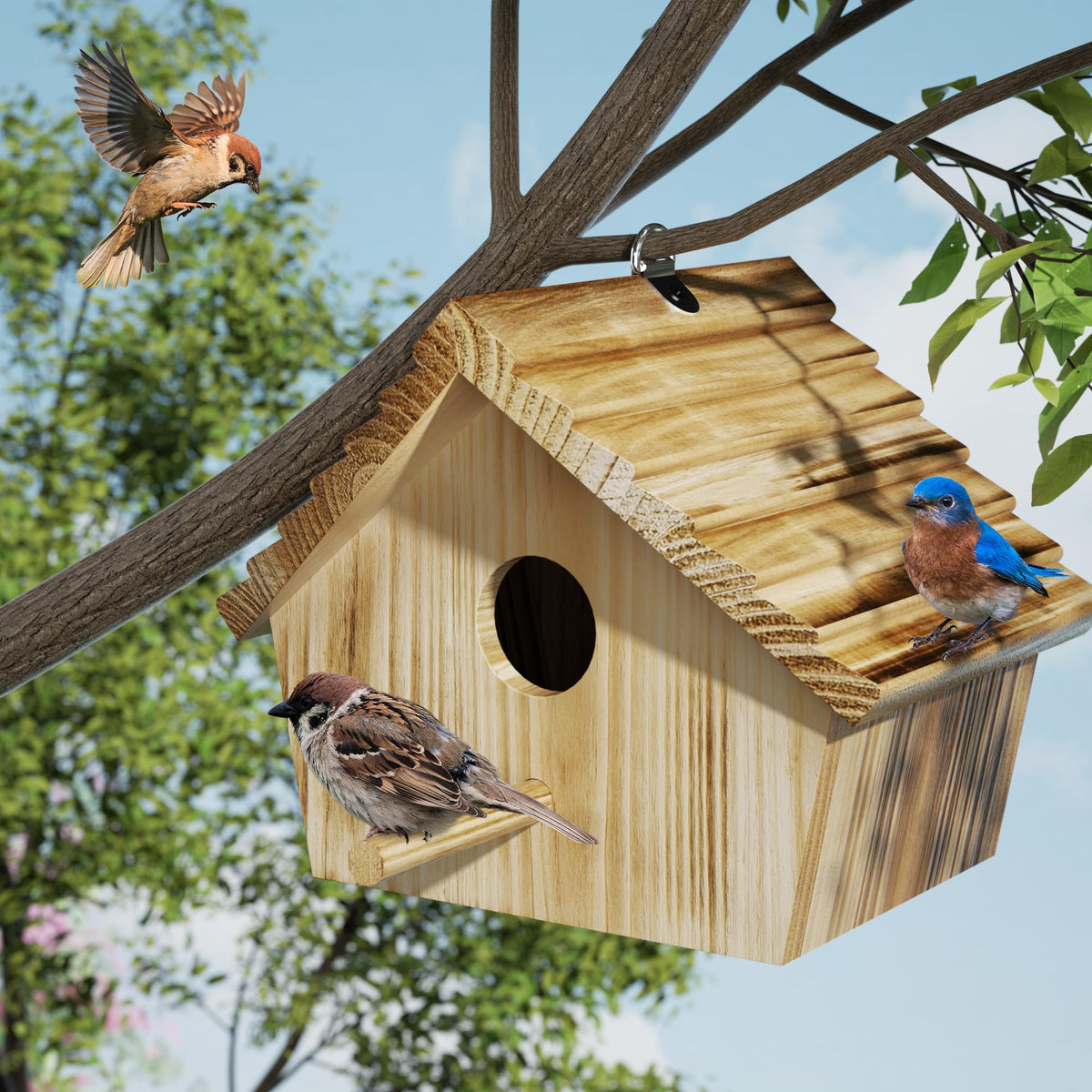 Entrance hole of Auslar Bird House sized for small birds