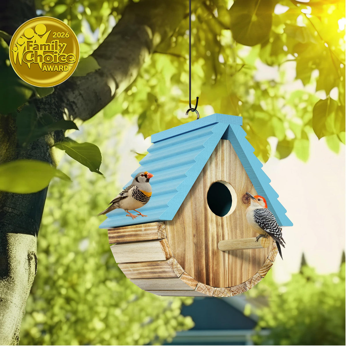 Auslar Bird House entrance hole close up showing 1.57 inch opening for small birds.