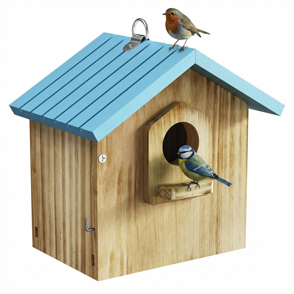 Auslar Bird House front view in cedar for outdoor durability.