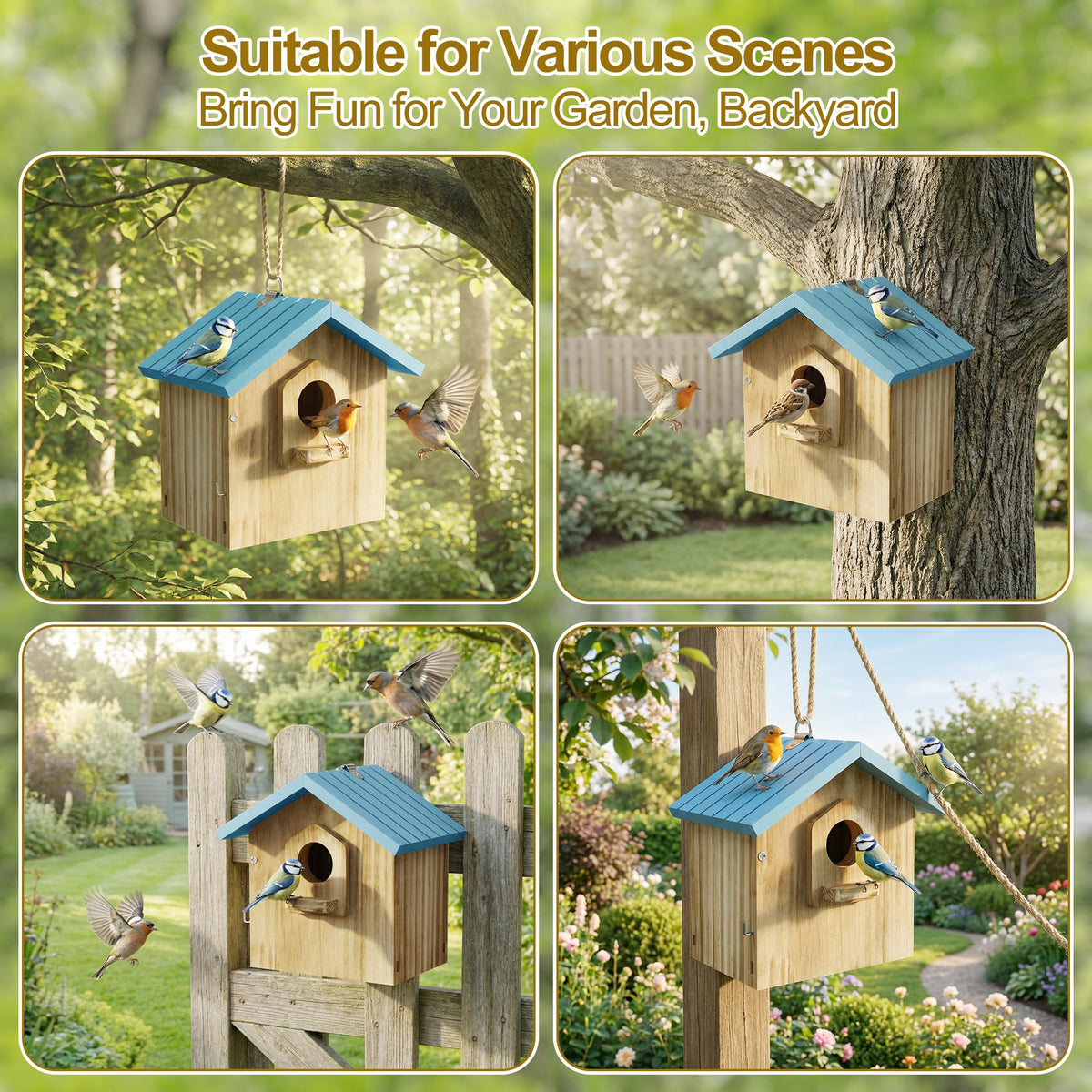 Auslar Bird House pre-installed hanging hook for quick setup.