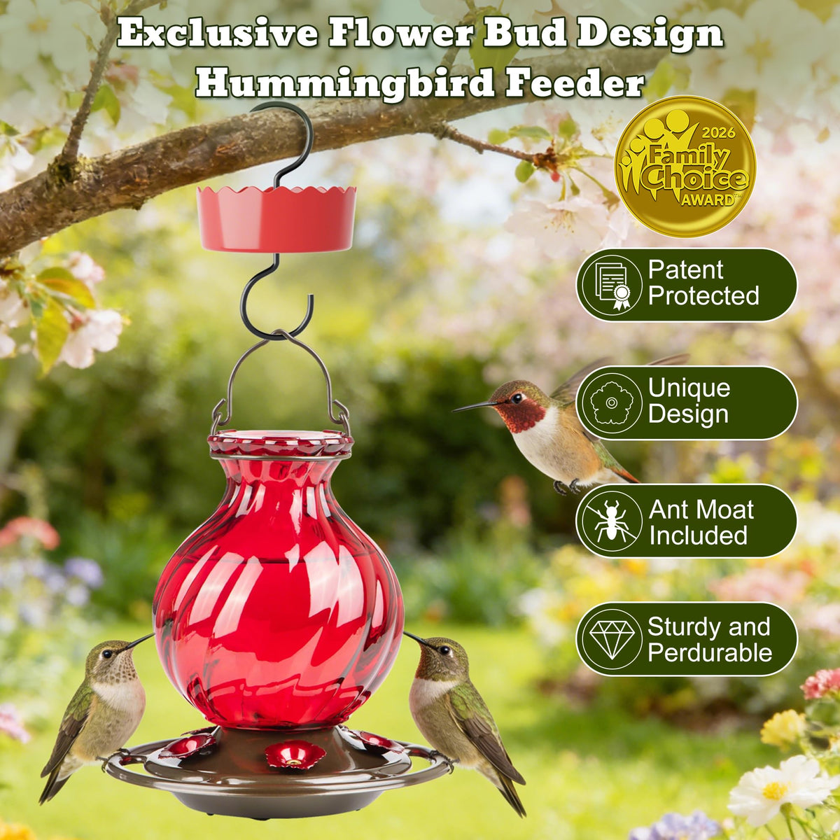 Auslar hummingbird feeder with ant moat protects nectar from ants