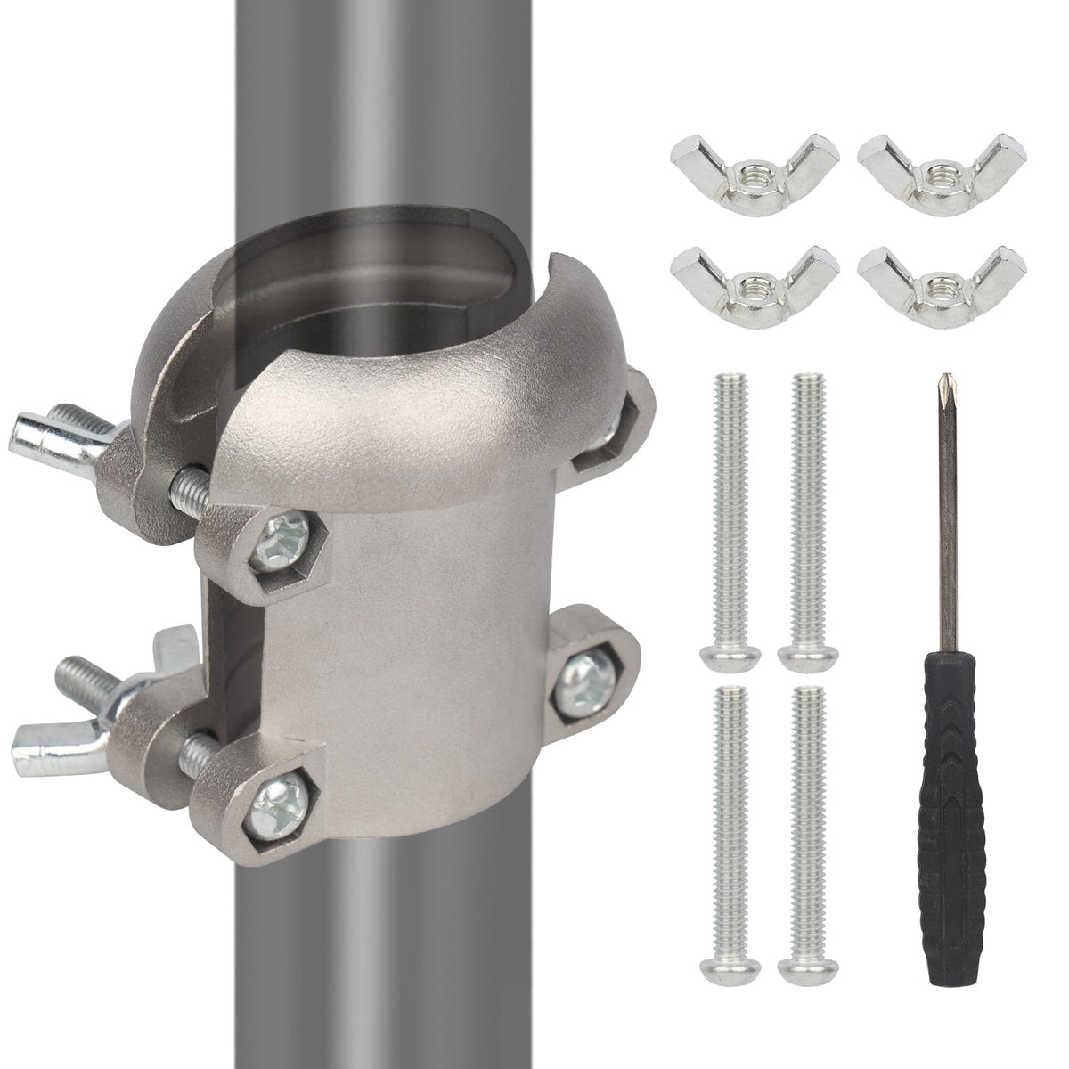 AUSTEDFY stainless steel bracket mounted on a pole for durable feeder protection.