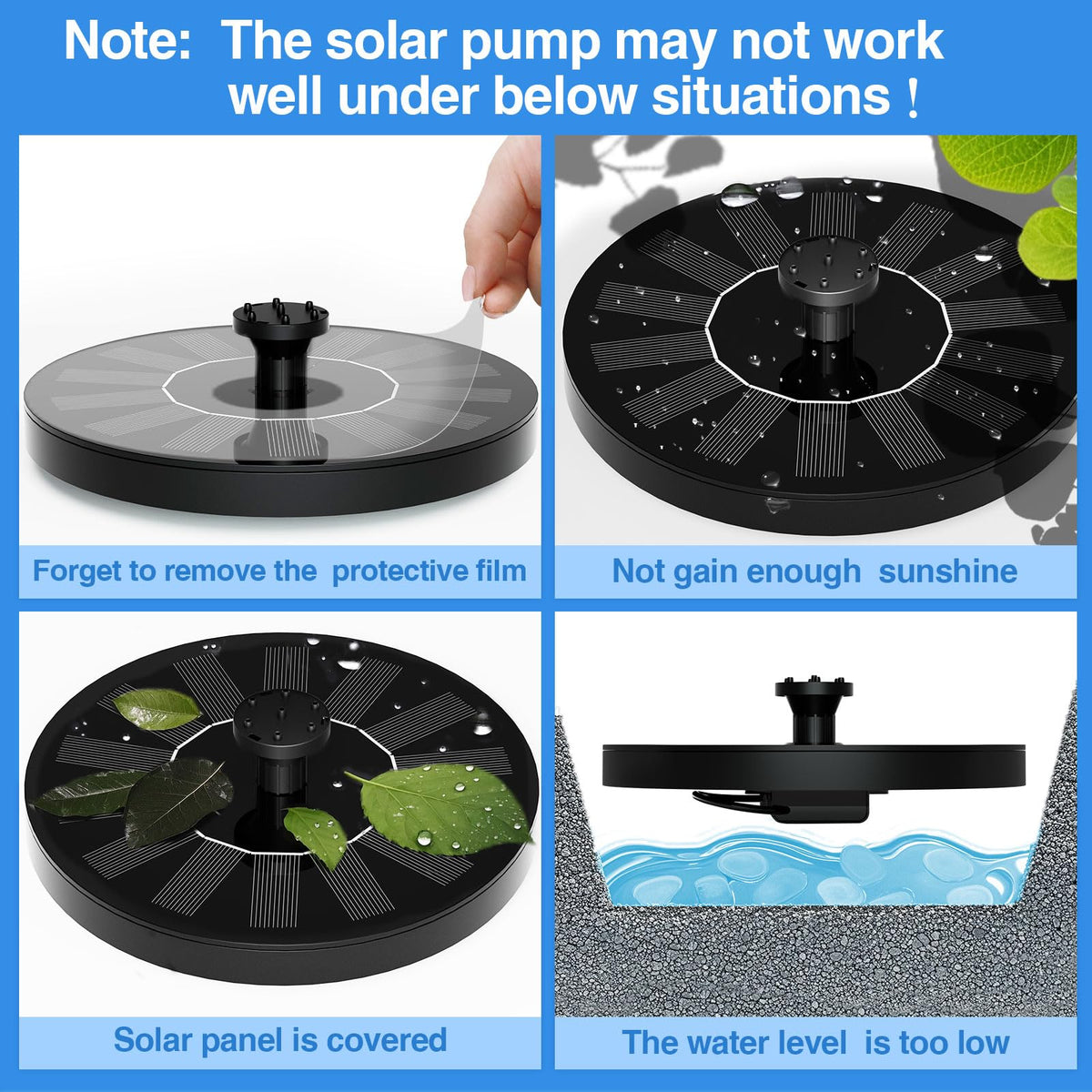 AUTGA solar fountain with six nozzle heads for versatile spray styles.