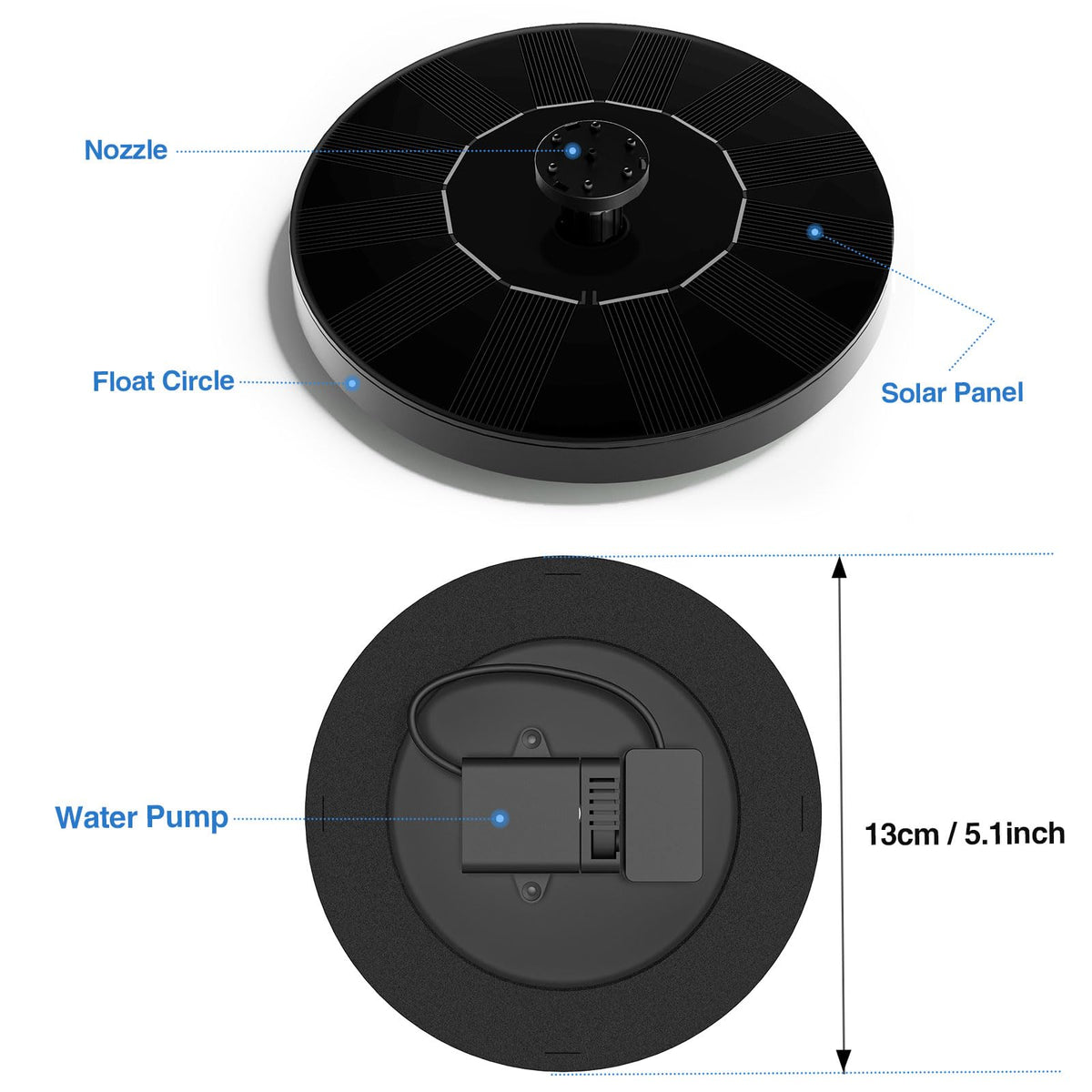 AUTGA solar fountain spray height shows 30–40 cm reach.