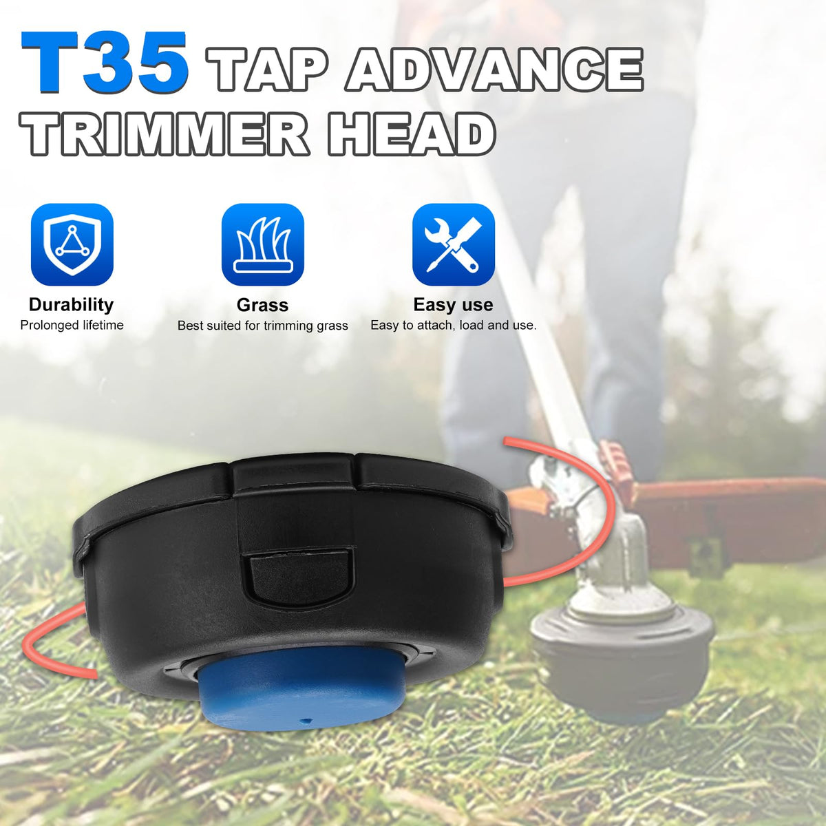 Close-up of AUTOBABA T35 Tap Advance Trimmer Head showing gauge options for durability