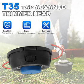 Close-up of AUTOBABA T35 Tap Advance Trimmer Head showing gauge options for durability