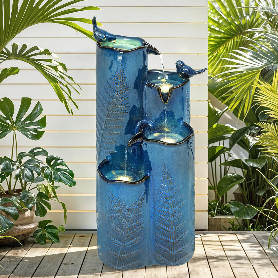 Autodaya 32-inch ceramic fountain with turquoise glaze, a 4-tier tropical cascade centerpiece.